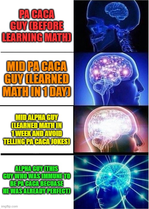 Expanding Brain | PA CACA GUY (BEFORE LEARNING MATH); MID PA CACA GUY (LEARNED MATH IN 1 DAY); MID ALPHA GUY (LEARNED MATH IN 1 WEEK AND AVOID TELLING PA CACA JOKES); ALPHA GUY (THIS GUY WHO WAS IMMUNE TO BE PA CACA BECUASE HE WAS ALREADY PERFECT) | image tagged in memes,expanding brain | made w/ Imgflip meme maker