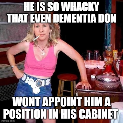 Marjorie Taylor Greene MTG on her day off hillbilly redneck | HE IS SO WHACKY THAT EVEN DEMENTIA DON; WONT APPOINT HIM A POSITION IN HIS CABINET | image tagged in marjorie taylor greene mtg on her day off hillbilly redneck | made w/ Imgflip meme maker