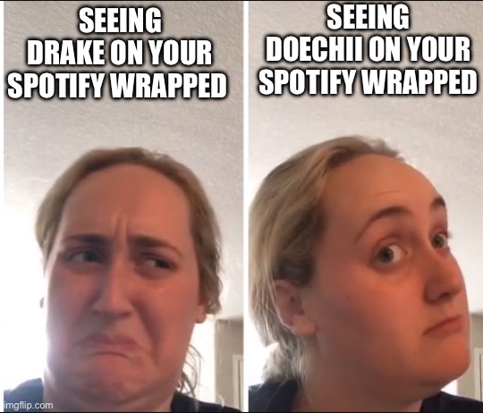 Truth be told | SEEING DOECHII ON YOUR SPOTIFY WRAPPED; SEEING DRAKE ON YOUR SPOTIFY WRAPPED | image tagged in kombucha girl,spotify | made w/ Imgflip meme maker