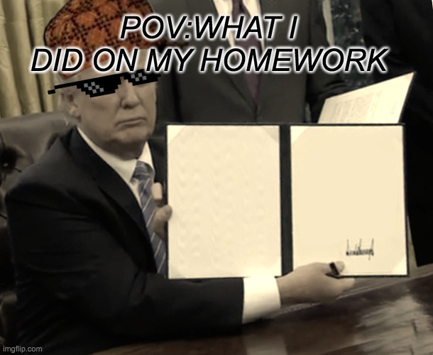 Trump Bill Signing Meme | POV:WHAT I DID ON MY HOMEWORK | image tagged in memes,trump bill signing | made w/ Imgflip meme maker