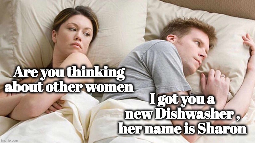 I Bet He's Thinking About Other Women Meme | Are you thinking about other women I got you a new Dishwasher , her name is Sharon | image tagged in memes,i bet he's thinking about other women | made w/ Imgflip meme maker