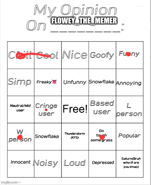 My Opinion On ________: Bingo by Andika V2 | FLOWEY_THE_MEMER | image tagged in my opinion on ________ bingo by andika v2 | made w/ Imgflip meme maker