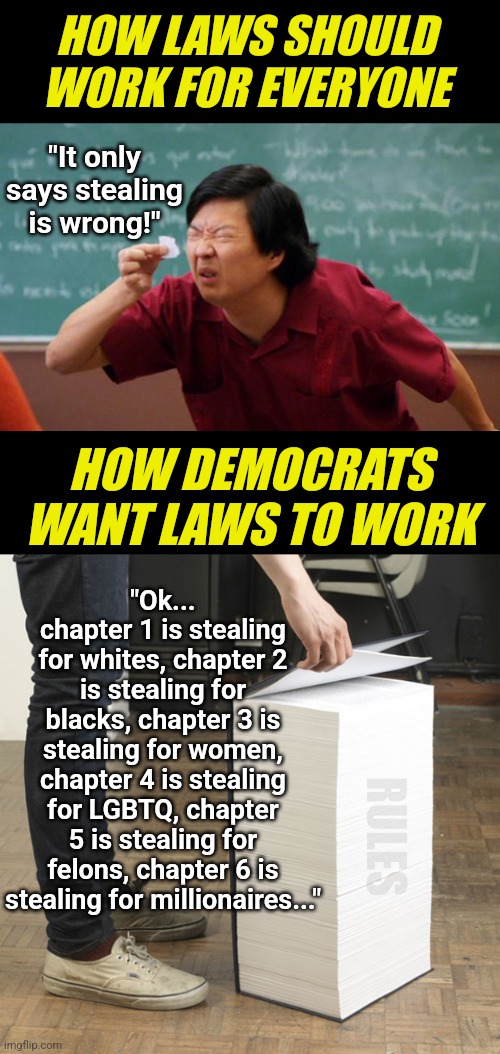 How can Democrats scream for equality, while having different rules for everyone? | HOW LAWS SHOULD WORK FOR EVERYONE; "It only says stealing is wrong!"; HOW DEMOCRATS WANT LAWS TO WORK; "Ok... chapter 1 is stealing for whites, chapter 2 is stealing for blacks, chapter 3 is stealing for women, chapter 4 is stealing for LGBTQ, chapter 5 is stealing for felons, chapter 6 is stealing for millionaires..."; RULES | image tagged in huge book of demands,laws,political correctness,expectation vs reality,liberal logic,equal rights | made w/ Imgflip meme maker