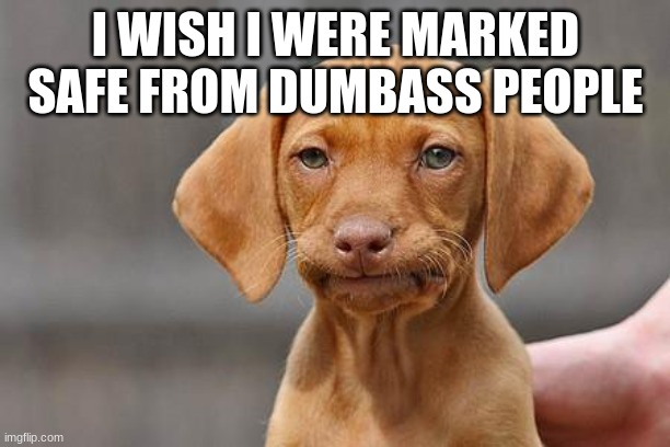 Dissapointed puppy | I WISH I WERE MARKED SAFE FROM DUMBASS PEOPLE | image tagged in dissapointed puppy | made w/ Imgflip meme maker