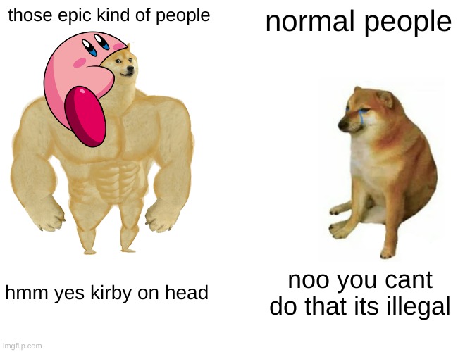 Buff Doge vs. Cheems | those epic kind of people; normal people; hmm yes kirby on head; noo you cant do that its illegal | image tagged in memes,buff doge vs cheems,kirby,epic,increasingly buff | made w/ Imgflip meme maker