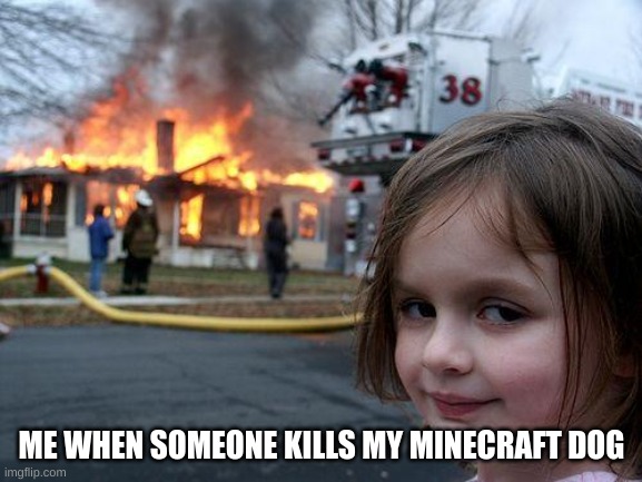 Me when my Minecraft dog gets killed | ME WHEN SOMEONE KILLS MY MINECRAFT DOG | image tagged in memes,disaster girl | made w/ Imgflip meme maker