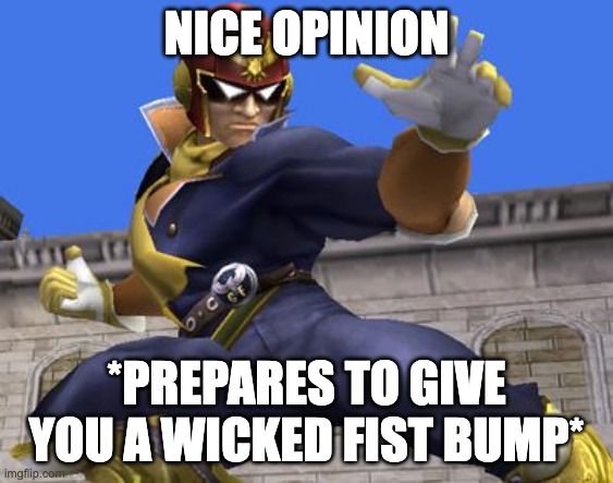 Captain Falcon | NICE OPINION *PREPARES TO GIVE YOU A WICKED FIST BUMP* | image tagged in captain falcon | made w/ Imgflip meme maker