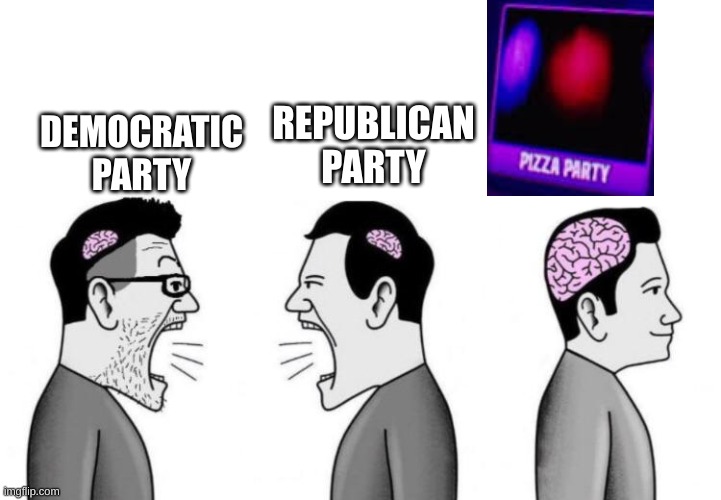 Tell me where I  am wrong, I dare you | REPUBLICAN PARTY; DEMOCRATIC PARTY | image tagged in two small brain men screaming at each other while big brain man | made w/ Imgflip meme maker