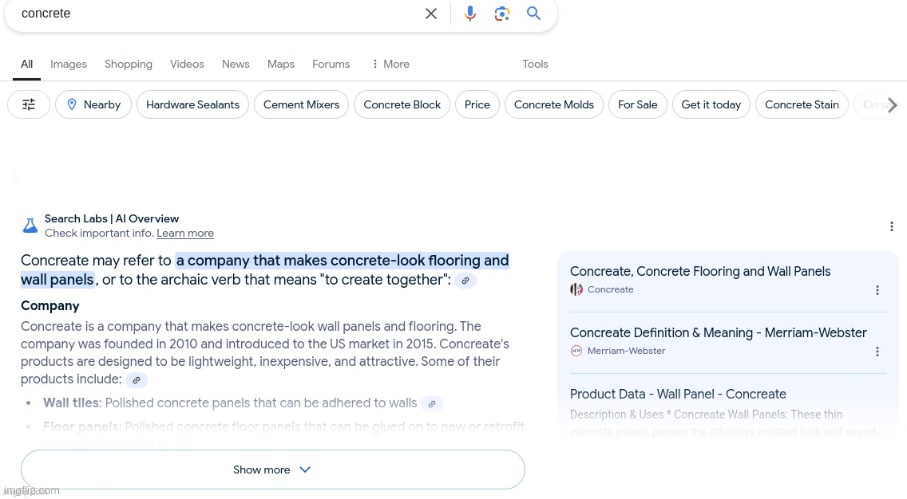 Google AI Overview Fail (Search was "ConcrEte", AI thought it was "ConcrEAte") | made w/ Imgflip meme maker