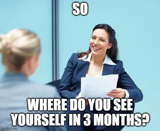 So where do you see yourself in 3 months? | SO; WHERE DO YOU SEE YOURSELF IN 3 MONTHS? | image tagged in sarcastic hr lady,work,unemployment,unemployed | made w/ Imgflip meme maker