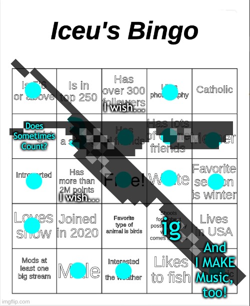 ẆḦŌŌŌŌŌŌŌ- *Breaks microphone* | I wish... Does Sometimes Count? I wish... ig; And I MAKE Music, too! | image tagged in iceu's bingo,fresh memes,bingo | made w/ Imgflip meme maker