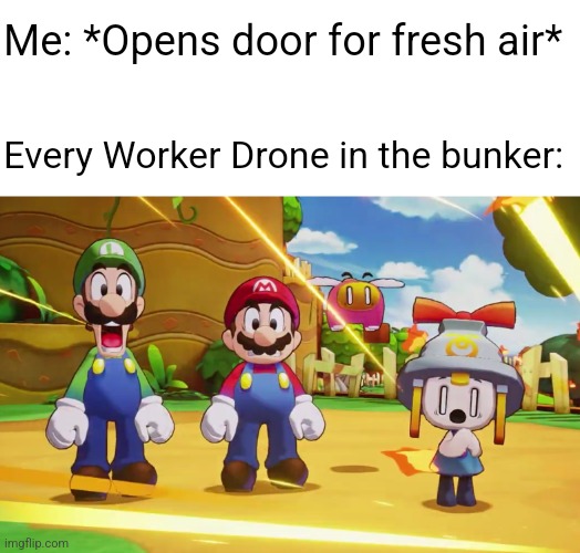 Mario, Luigi, Connie and Snoutlet suprised | Me: *Opens door for fresh air*; Every Worker Drone in the bunker: | image tagged in mario luigi connie and snoutlet suprised | made w/ Imgflip meme maker