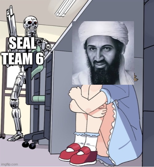 osama bin found | SEAL TEAM 6 | image tagged in anime girl hiding from terminator | made w/ Imgflip meme maker