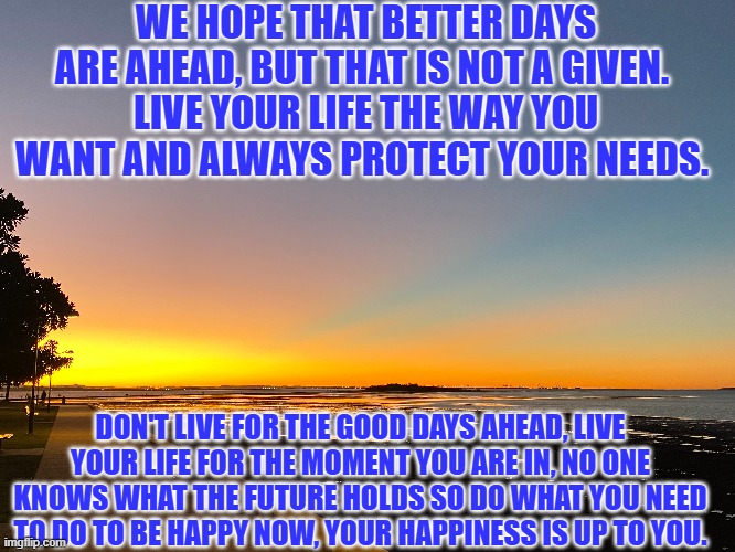 live life | WE HOPE THAT BETTER DAYS ARE AHEAD, BUT THAT IS NOT A GIVEN. 
LIVE YOUR LIFE THE WAY YOU WANT AND ALWAYS PROTECT YOUR NEEDS. DON'T LIVE FOR THE GOOD DAYS AHEAD, LIVE YOUR LIFE FOR THE MOMENT YOU ARE IN, NO ONE KNOWS WHAT THE FUTURE HOLDS SO DO WHAT YOU NEED TO DO TO BE HAPPY NOW, YOUR HAPPINESS IS UP TO YOU. | image tagged in life lessons | made w/ Imgflip meme maker