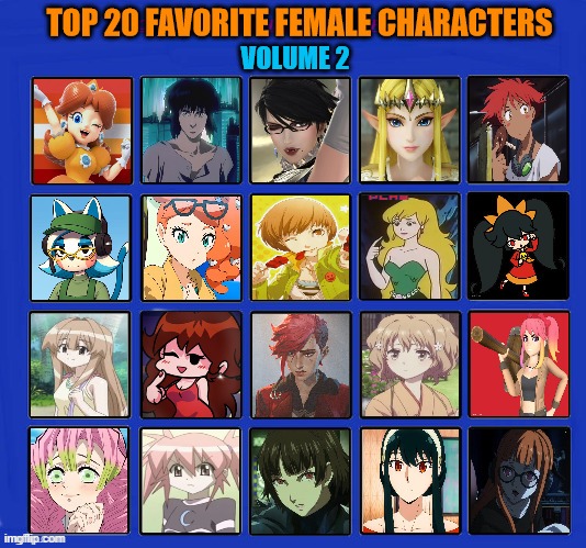 top 20 favorite female characters volume 2 | image tagged in top 20 favorite female characters volume 2,favorites,anime,video games,comics/cartoons,movies | made w/ Imgflip meme maker