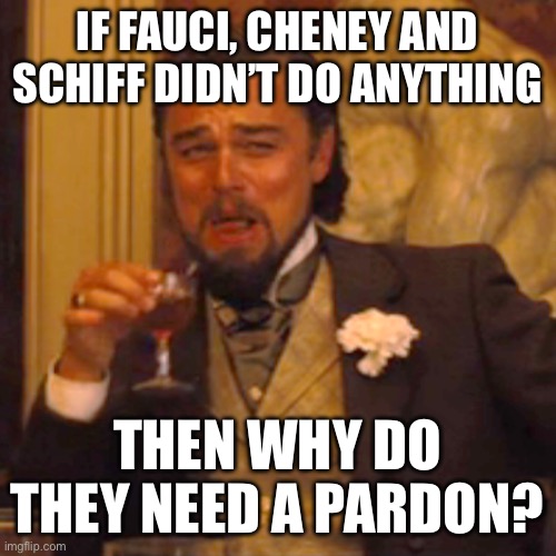 Laughing Leo | IF FAUCI, CHENEY AND SCHIFF DIDN’T DO ANYTHING; THEN WHY DO THEY NEED A PARDON? | image tagged in memes,laughing leo | made w/ Imgflip meme maker