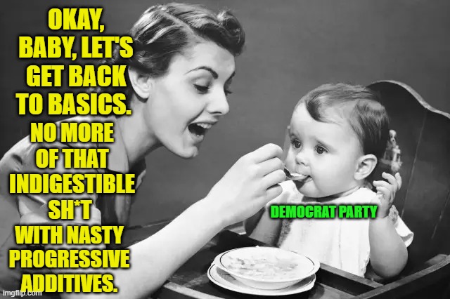 Time for Democrat Do-Over | OKAY, BABY, LET'S GET BACK TO BASICS. NO MORE OF THAT INDIGESTIBLE SH*T; DEMOCRAT PARTY; WITH NASTY PROGRESSIVE ADDITIVES. | image tagged in democrat party,do-over,back to basics,progressives,1950s housewife | made w/ Imgflip meme maker