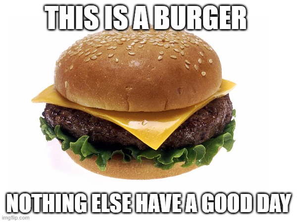 :) | THIS IS A BURGER; NOTHING ELSE HAVE A GOOD DAY | image tagged in burger,idk,memes,nothing,meme | made w/ Imgflip meme maker