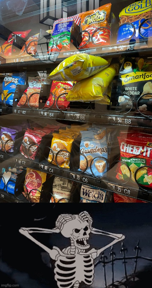 Vending machine fail | image tagged in oh come on skeleton,vending machine,you had one job,memes,chips,chip | made w/ Imgflip meme maker