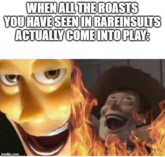 Fire Woody | WHEN ALL THE ROASTS YOU HAVE SEEN IN RAREINSULTS ACTUALLY COME INTO PLAY: | image tagged in fire woody | made w/ Imgflip meme maker