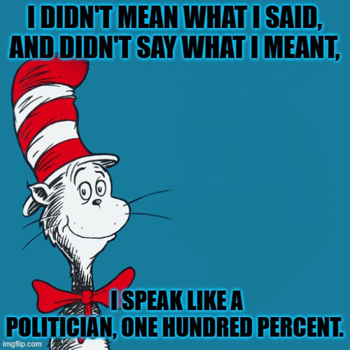 Dr. Suess | I DIDN'T MEAN WHAT I SAID, AND DIDN'T SAY WHAT I MEANT, I SPEAK LIKE A POLITICIAN, ONE HUNDRED PERCENT. | image tagged in dr suess | made w/ Imgflip meme maker