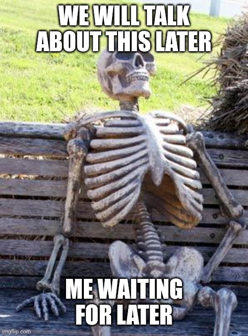 Waiting Skeleton | WE WILL TALK ABOUT THIS LATER; ME WAITING FOR LATER | image tagged in memes,waiting skeleton | made w/ Imgflip meme maker