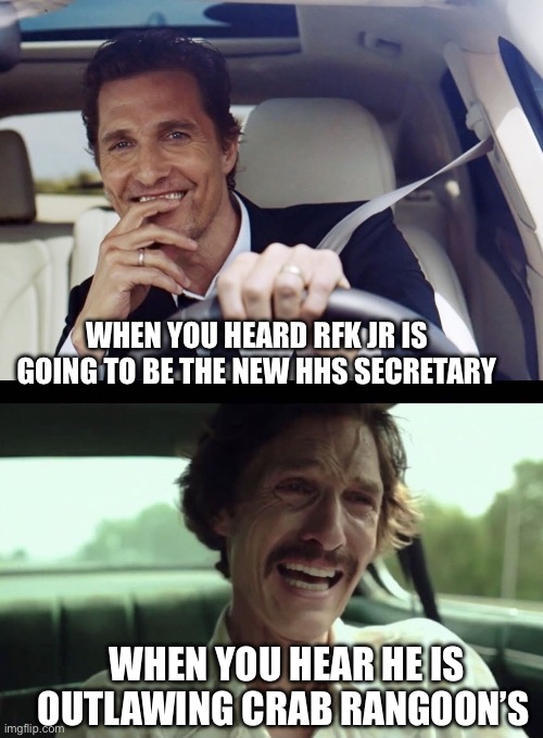 Matthew McConaughey | WHEN YOU HEARD RFK JR IS GOING TO BE THE NEW HHS SECRETARY; WHEN YOU HEAR HE IS OUTLAWING CRAB RANGOON’S | image tagged in matthew mcconaughey | made w/ Imgflip meme maker