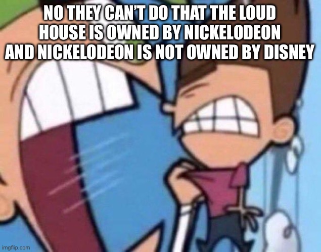 Cosmo yelling at timmy | NO THEY CAN’T DO THAT THE LOUD HOUSE IS OWNED BY NICKELODEON AND NICKELODEON IS NOT OWNED BY DISNEY | image tagged in cosmo yelling at timmy | made w/ Imgflip meme maker