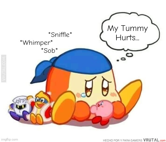 Bandana Dee's Tummy Hurts! (Poor Baby...) | My Tummy Hurts... *Sniffle*
*Whimper*          
 *Sob* | image tagged in sad bandana dee,bandana dee,kirby right back at ya,tummyache,poor guy | made w/ Imgflip meme maker