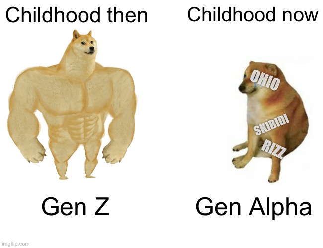 Buff Doge vs. Cheems Meme | Childhood then; Childhood now; OHIO; SKIBIDI; RIZZ; Gen Z; Gen Alpha | image tagged in memes,buff doge vs cheems,nostalgia,the good old days | made w/ Imgflip meme maker