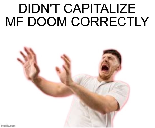 DIDN'T CAPITALIZE MF DOOM CORRECTLY | image tagged in he left all caps on custom | made w/ Imgflip meme maker