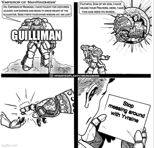 Funny title | GUILLIMAN; Stop messing around with Yvraine | image tagged in kind blank | made w/ Imgflip meme maker