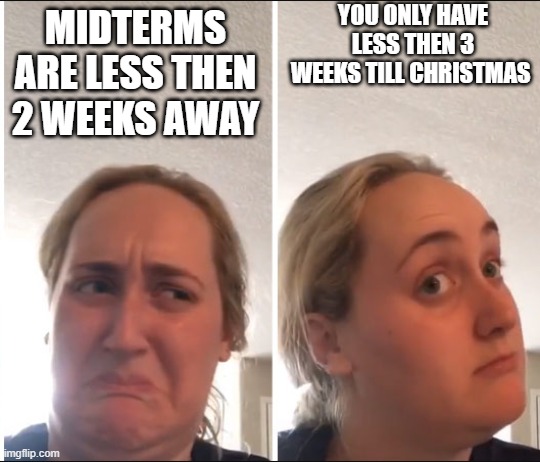 Kombucha Girl | YOU ONLY HAVE LESS THEN 3 WEEKS TILL CHRISTMAS; MIDTERMS ARE LESS THEN 2 WEEKS AWAY | image tagged in kombucha girl | made w/ Imgflip meme maker