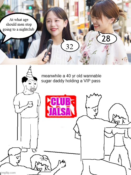 hole my beer, need to comb my hair | At what age should men stop going to a nightclub; 28; 32; meanwhile a 40 yr old wannable sugar daddy holding a VIP pass; CLUB JALSA | image tagged in memes,funny memes,fun,lol,lol so funny | made w/ Imgflip meme maker