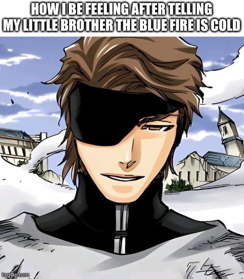 Blue fire is cold guys trust me | HOW I BE FEELING AFTER TELLING MY LITTLE BROTHER THE BLUE FIRE IS COLD | image tagged in bleach | made w/ Imgflip meme maker