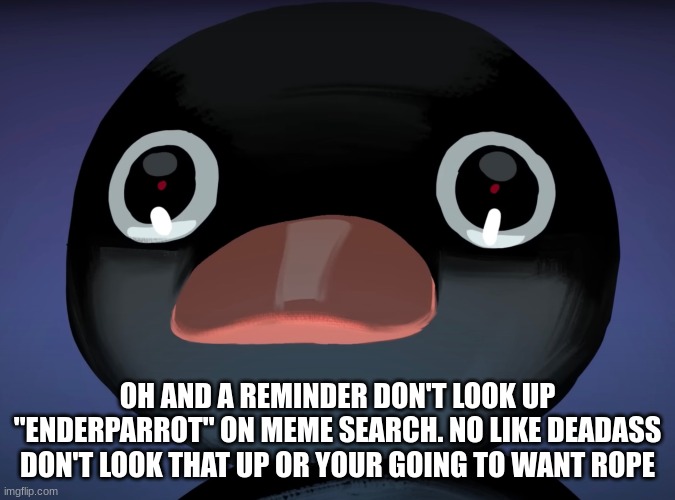 Pingu stare | OH AND A REMINDER DON'T LOOK UP "ENDERPARROT" ON MEME SEARCH. NO LIKE DEADASS DON'T LOOK THAT UP OR YOUR GOING TO WANT ROPE | image tagged in pingu stare | made w/ Imgflip meme maker