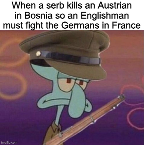 ww1 humor | When a serb kills an Austrian in Bosnia so an Englishman must fight the Germans in France | image tagged in memes,ww1,humor | made w/ Imgflip meme maker