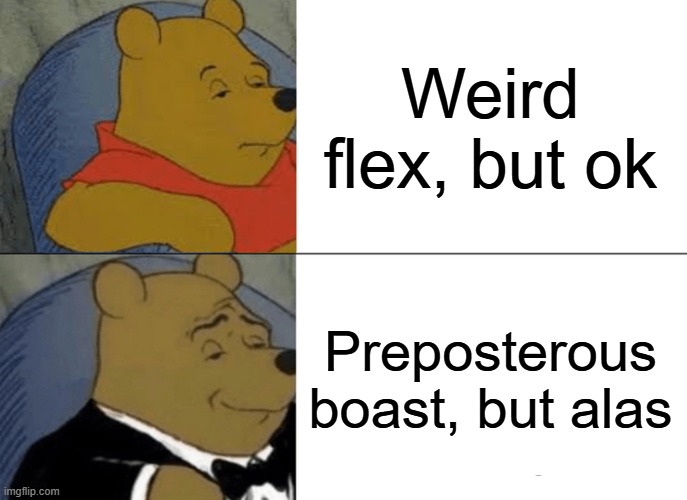 Tuxedo Winnie The Pooh | Weird flex, but ok; Preposterous boast, but alas | image tagged in memes,tuxedo winnie the pooh,increasingly verbose | made w/ Imgflip meme maker