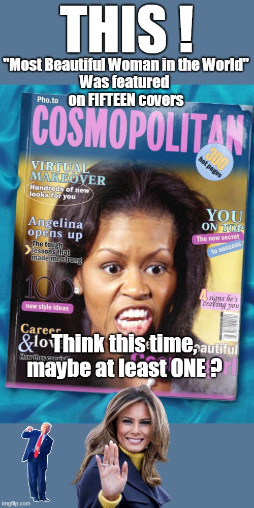 TOTAL POA  and never ONE Cover | THIS ! "Most Beautiful Woman in the World"
Was featured 
on FIFTEEN covers; Think this time, maybe at least ONE ? | image tagged in michelle magazine melania meme | made w/ Imgflip meme maker