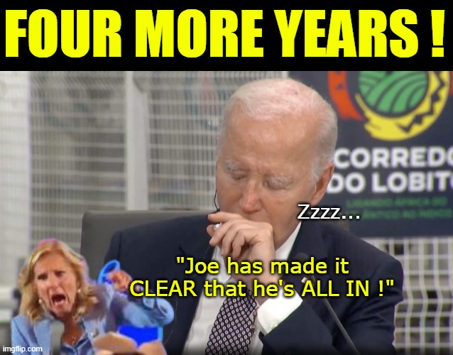 Can you even IMAGINE 2028 ???? | FOUR MORE YEARS ! Zzzz... "Joe has made it CLEAR that he's ALL IN !" | image tagged in biden four more years jill all in meme | made w/ Imgflip meme maker