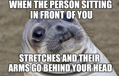 Awkward Moment Sealion Meme | WHEN THE PERSON SITTING IN FRONT OF YOU STRETCHES AND THEIR ARMS GO BEHIND YOUR HEAD | image tagged in memes,awkward moment sealion,AdviceAnimals | made w/ Imgflip meme maker