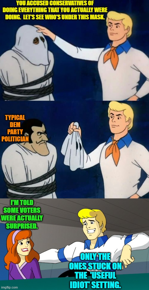 We have soooooooo many Useful Idiots in this nation. | YOU ACCUSED CONSERVATIVES OF DOING EVERYTHING THAT YOU ACTUALLY WERE DOING.  LET'S SEE WHO'S UNDER THIS MASK. TYPICAL DEM PARTY POLITICIAN; I'M TOLD SOME VOTERS WERE ACTUALLY SURPRISED. ONLY THE ONES STUCK ON THE  'USEFUL IDIOT' SETTING. | image tagged in scooby doo mask reveal | made w/ Imgflip meme maker