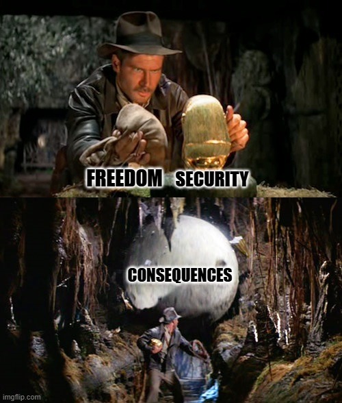 Indiana Jones Idol & Boulder | FREEDOM SECURITY CONSEQUENCES | image tagged in indiana jones idol boulder | made w/ Imgflip meme maker