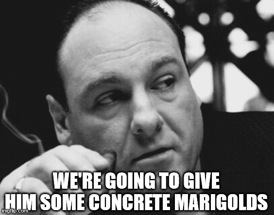 Tony Soprano Admin Gangster | WE'RE GOING TO GIVE HIM SOME CONCRETE MARIGOLDS | image tagged in tony soprano admin gangster | made w/ Imgflip meme maker