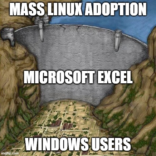 Water Dam Meme | MASS LINUX ADOPTION; MICROSOFT EXCEL; WINDOWS USERS | image tagged in water dam meme | made w/ Imgflip meme maker