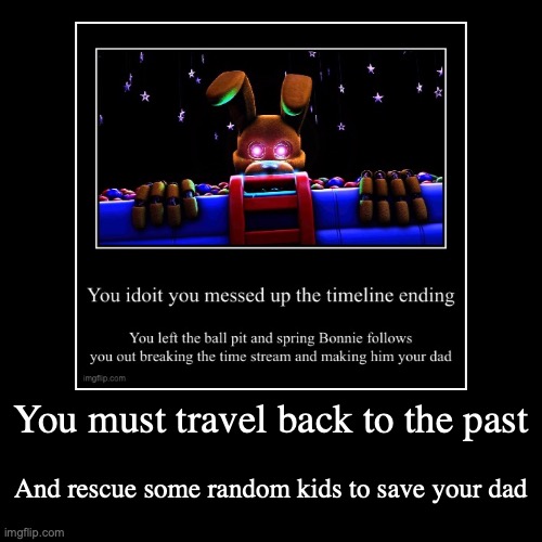 Oh ball pit, you majestic stream of nonsense, you! (Original image from  Trollfacememer on this stream.) | You must travel back to the past | And rescue some random kids to save your dad | image tagged in funny,demotivationals,fnaf,repost,into the pit,springtrap | made w/ Imgflip demotivational maker