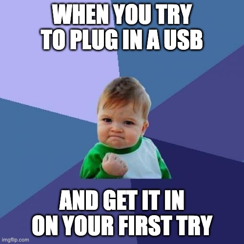 Success Kid | WHEN YOU TRY TO PLUG IN A USB; AND GET IT IN ON YOUR FIRST TRY | image tagged in memes,success kid | made w/ Imgflip meme maker