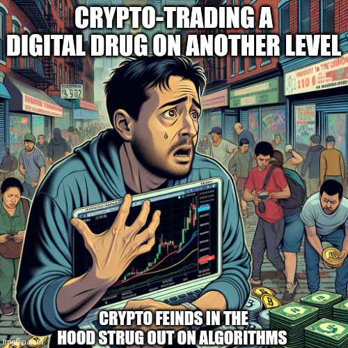 Crypto feinds | CRYPTO-TRADING A DIGITAL DRUG ON ANOTHER LEVEL; CRYPTO FEINDS IN THE HOOD STRUG OUT ON ALGORITHMS | image tagged in cryptocurrency,trading,addicted,bitcoin,the future world if,funny memes | made w/ Imgflip meme maker