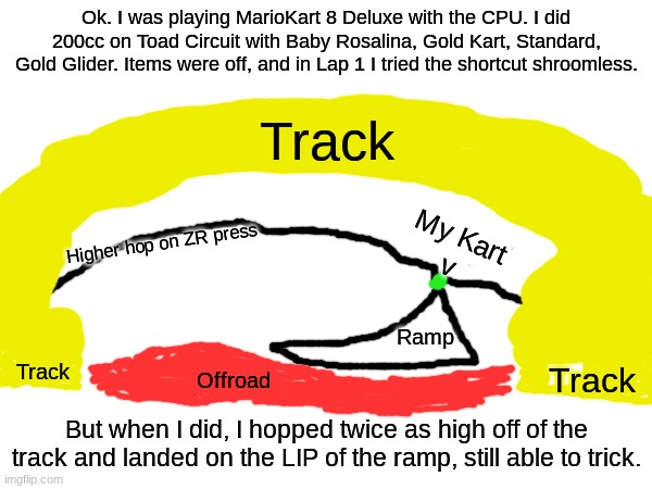 Someone, PLEASE explain how this works. | Ok. I was playing MarioKart 8 Deluxe with the CPU. I did 200cc on Toad Circuit with Baby Rosalina, Gold Kart, Standard, Gold Glider. Items were off, and in Lap 1 I tried the shortcut shroomless. Track; My Kart
v; Higher hop on ZR press; Ramp; Track; Track; Offroad; But when I did, I hopped twice as high off of the track and landed on the LIP of the ramp, still able to trick. | image tagged in mariokart 8,mariokart 8 deluxe,shortcut,shortcat,how,200cc | made w/ Imgflip meme maker