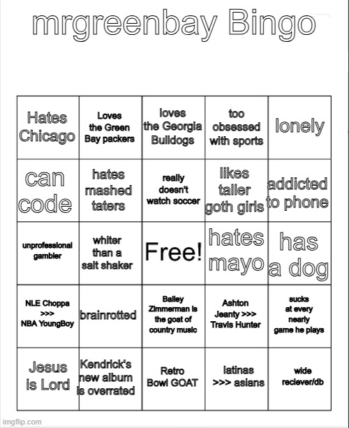 mrgreenbay bingo board | image tagged in mrgreenbay bingo board | made w/ Imgflip meme maker